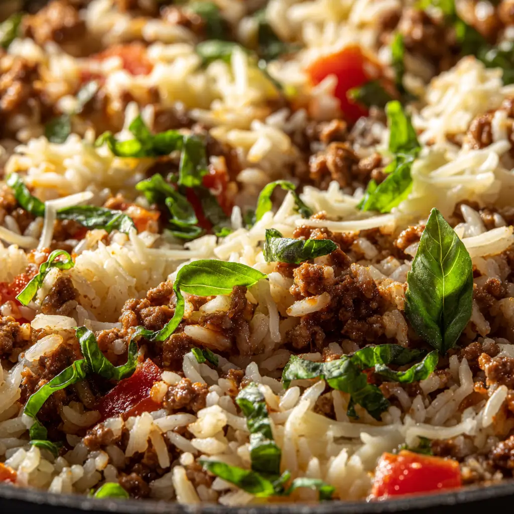 The ground beef and rice skillet simmering in a rich tomato sauce before the cheese is added.