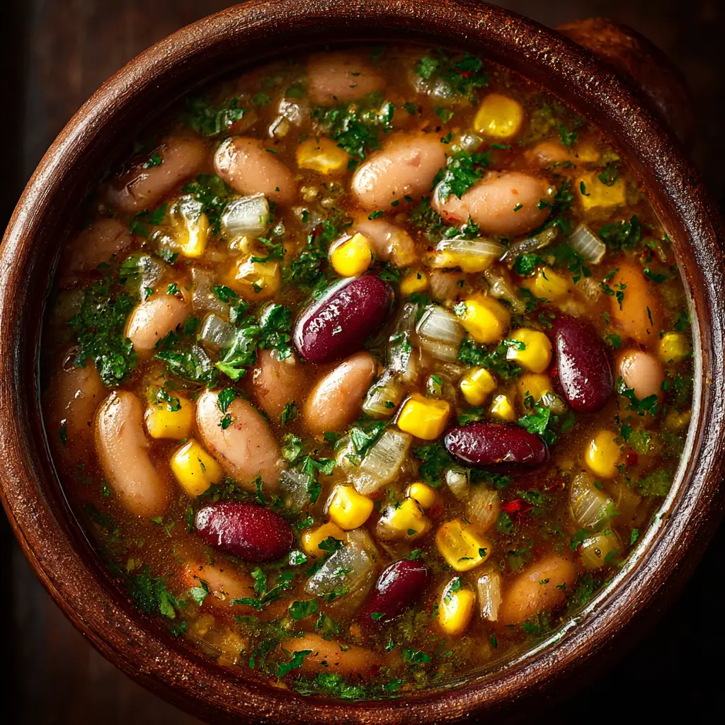 A close-up action shot of the Mexican pinto bean soup simmering in a large Dutch oven, with steam rising from the pot.