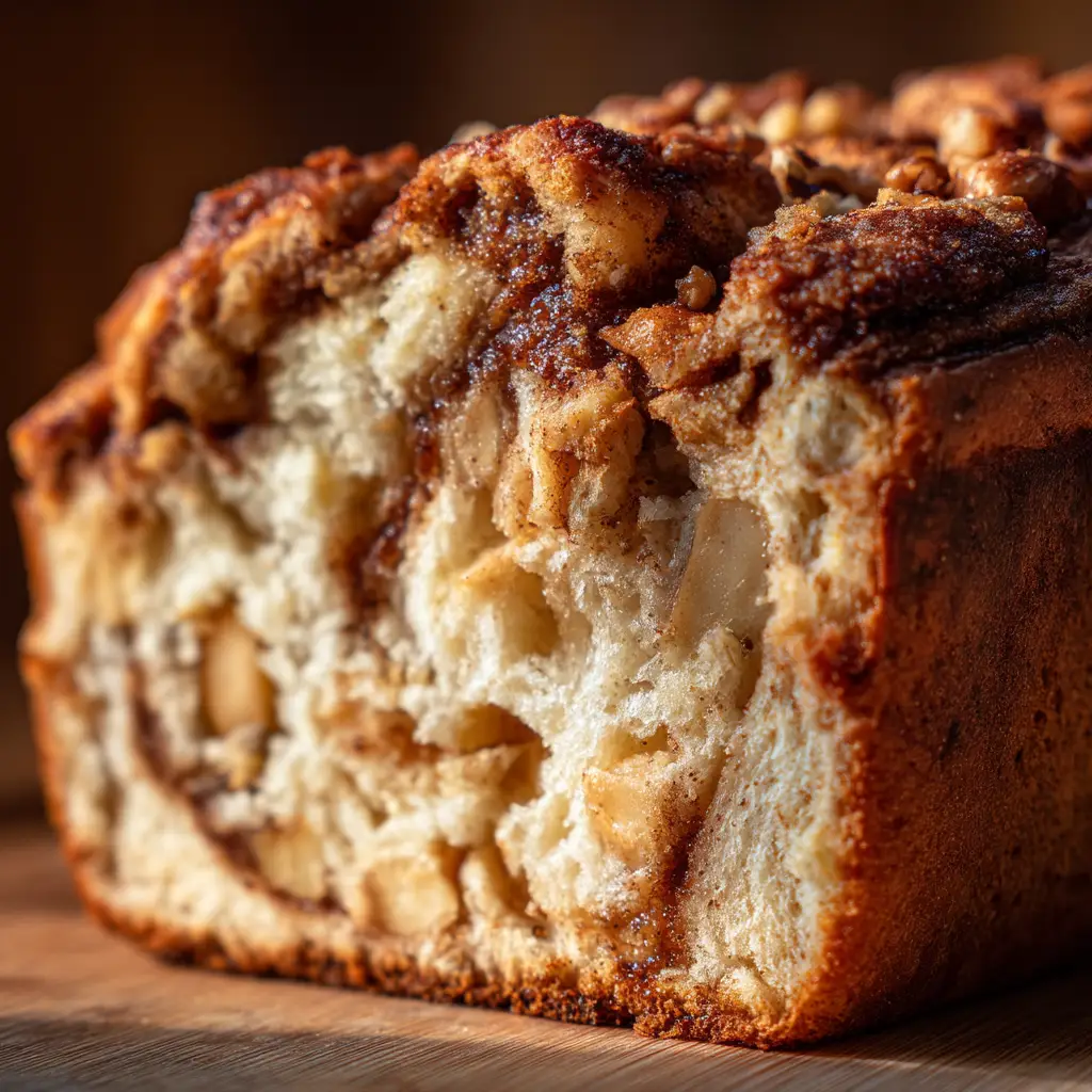 Apple Fritter Bread: The Easiest Recipe You'll Ever Make 2 A close-up slice of glazed apple cinnamon bread on a white plate.