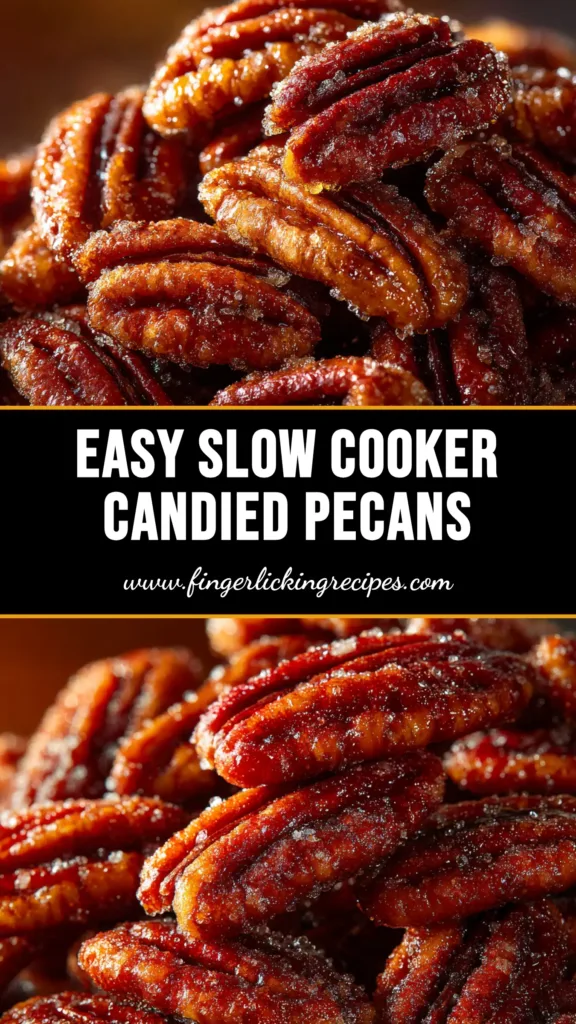A bowl of delicious Slow Cooker Candied Pecans, perfectly coated in cinnamon sugar. The ultimate easy holiday recipe and edible gift idea.