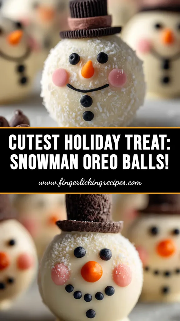 Snowman Oreo Balls (Easy No-Bake Christmas Treat) 5 A platter of adorable Snowman Oreo Balls, a no-bake Christmas treat made with Oreo cookies, cream cheese, and white chocolate, decorated with candy faces and pretzel arms.