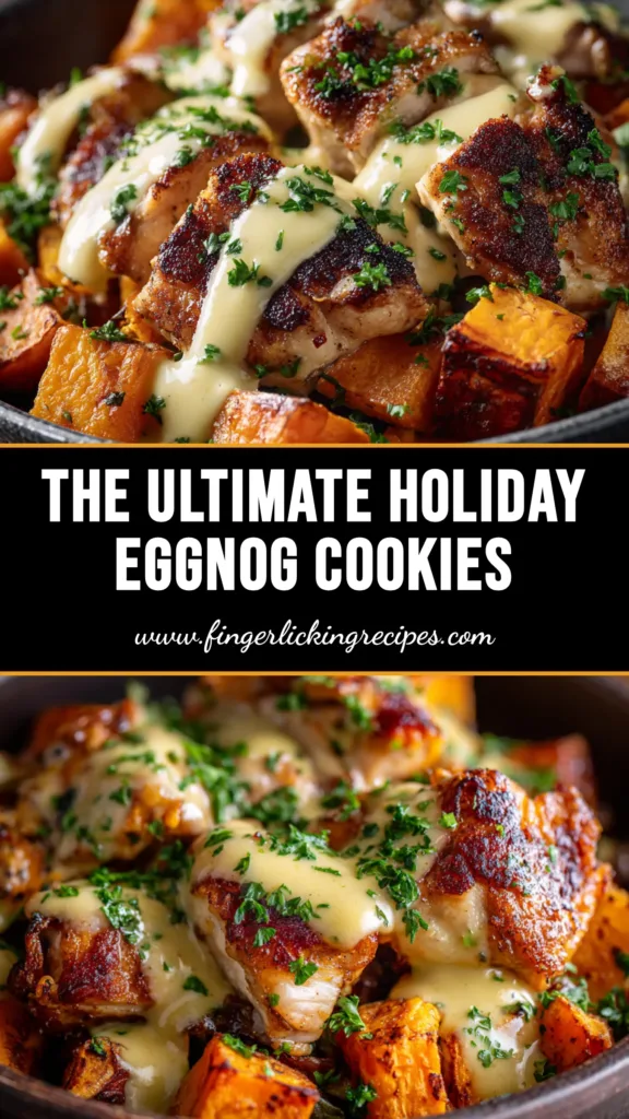 Eggnog Cookies: The Ultimate Soft & Chewy Holiday Treat 4 A stack of soft and chewy eggnog cookies topped with creamy white frosting and a sprinkle of nutmeg, with a glass of eggnog in the background.