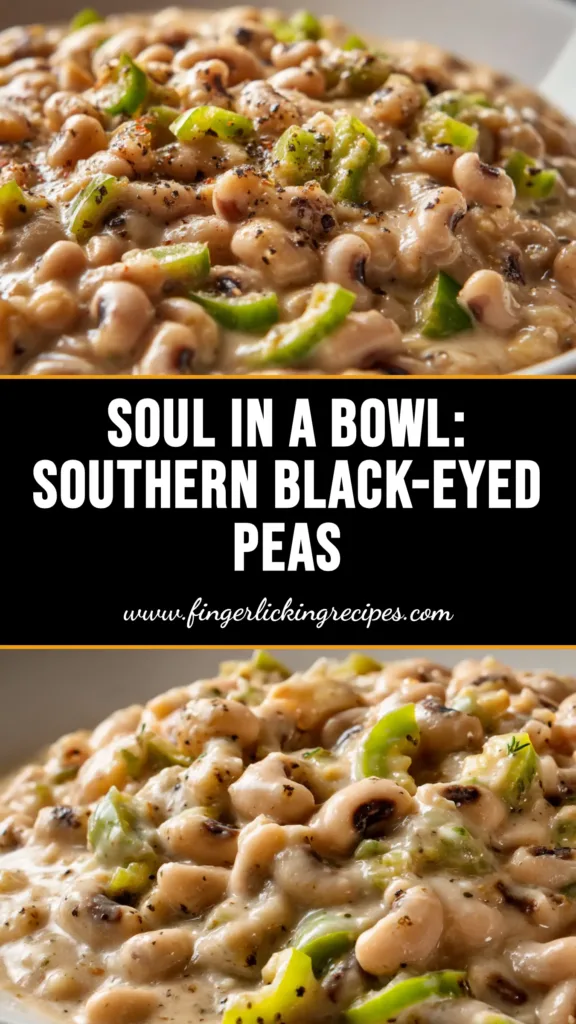 A delicious bowl of Southern Black Eyed Peas, slow-simmered with smoked turkey and fresh parsley. This image showcases the ultimate comfort food, perfect for a New Year's tradition.