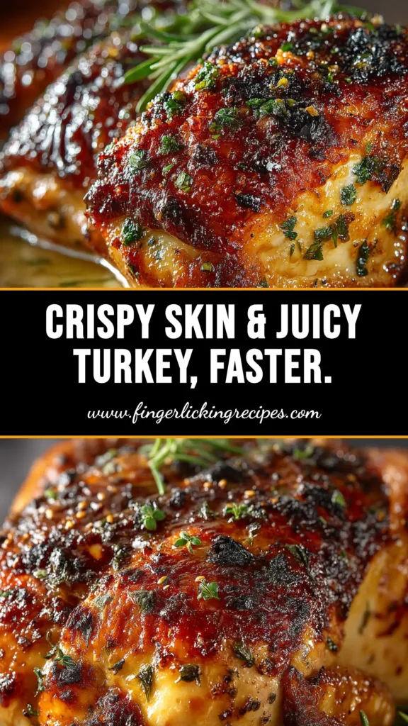 A perfectly roasted spatchcock turkey on a cutting board, garnished with fresh herbs. The turkey has golden-brown, crispy skin and is ready to be carved for a holiday meal.