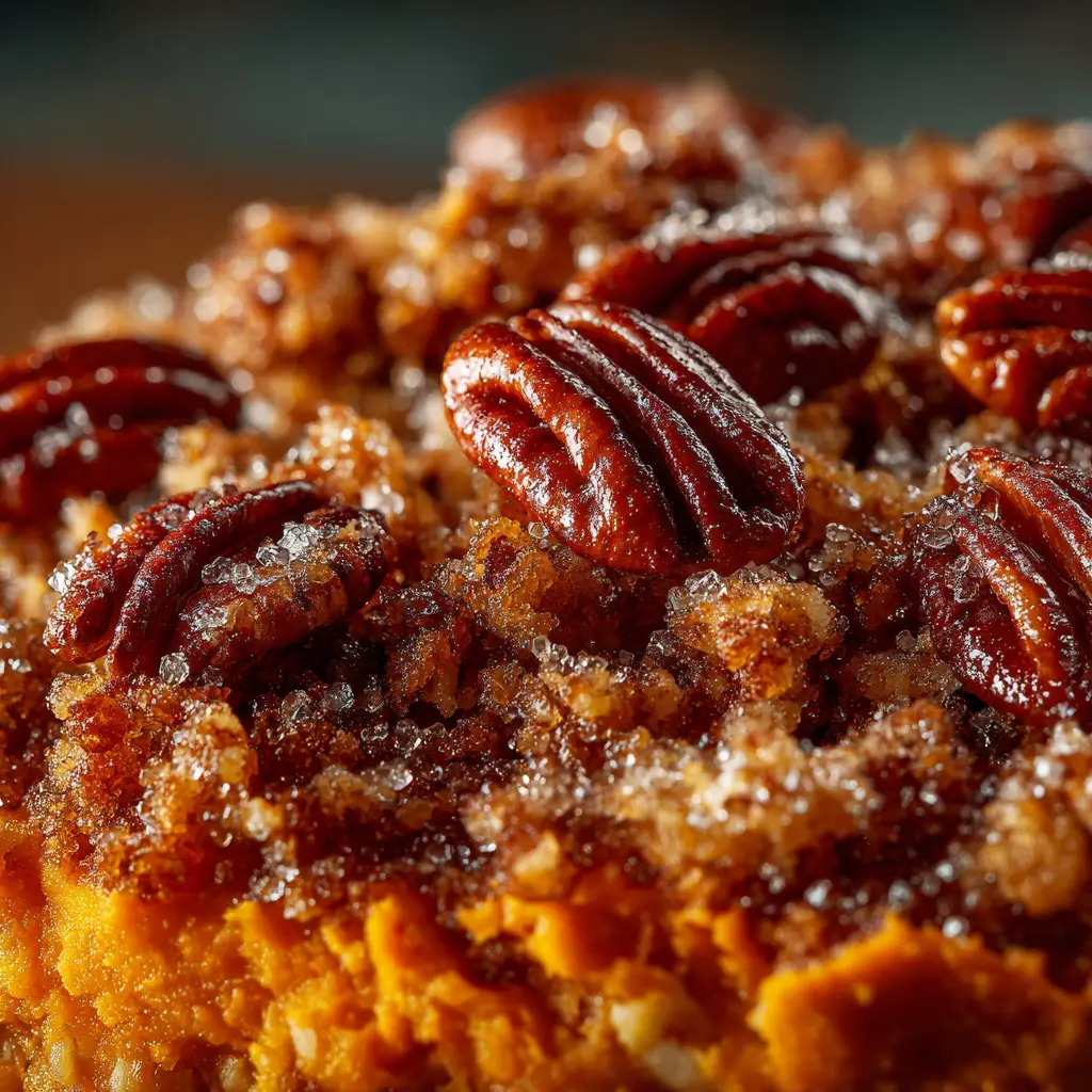 Ruth's Chris Sweet Potato Casserole (The BEST Copycat Recipe) 3 A close-up spoonful of sweet potato casserole with pecan crust, highlighting the creamy texture of the filling against the crunchy topping.