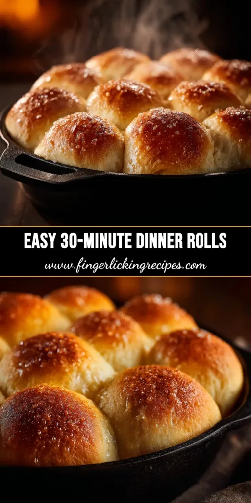 30-Minute Dinner Rolls (Quick, Easy & Fluffy!) 5 A close-up shot of fluffy 30-minute dinner rolls in a cast-iron skillet, brushed with melted butter and sprinkled with flaky sea salt.