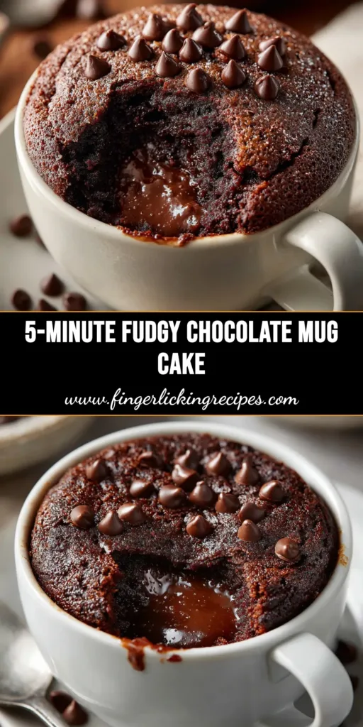 5-Ingredient Chocolate Mug Cake (Ready in 2 Minutes!) 4 An overhead shot of a rich 5-ingredient chocolate mug cake in a white mug, topped with powdered sugar and a raspberry.
