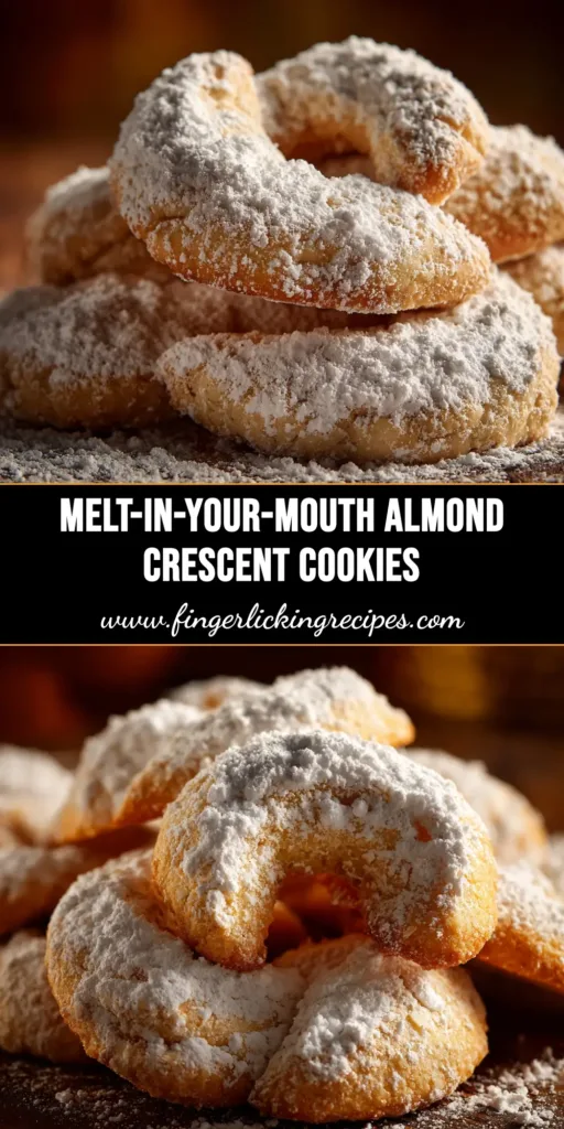 A plate of classic almond crescent cookies, generously dusted with powdered sugar, arranged beautifully for a holiday treat.