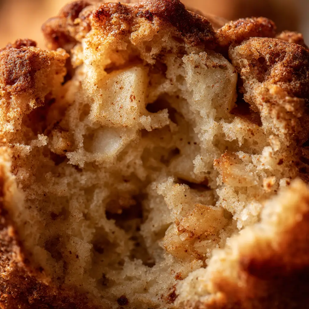 Muffin batter with diced apples being folded in a large mixing bowl, ready to be scooped into a muffin tin.