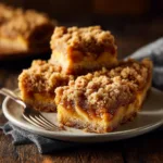 Apple Pie Bars: The Perfect Easy Dessert Recipe A close-up shot of an apple pie bar on a white plate, highlighting the layers of shortbread crust, apple filling, and crumble.