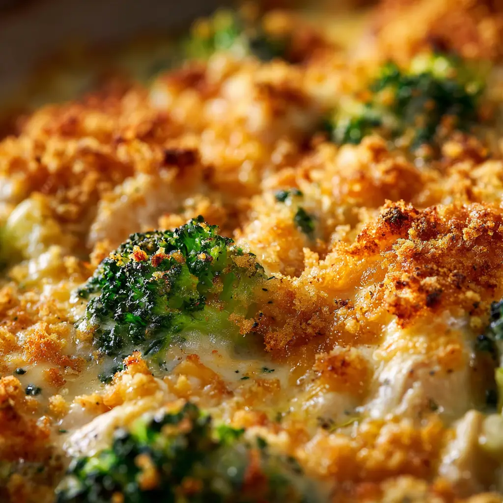 The process of mixing the creamy cheese sauce with chicken, broccoli, and pasta before baking the casserole.