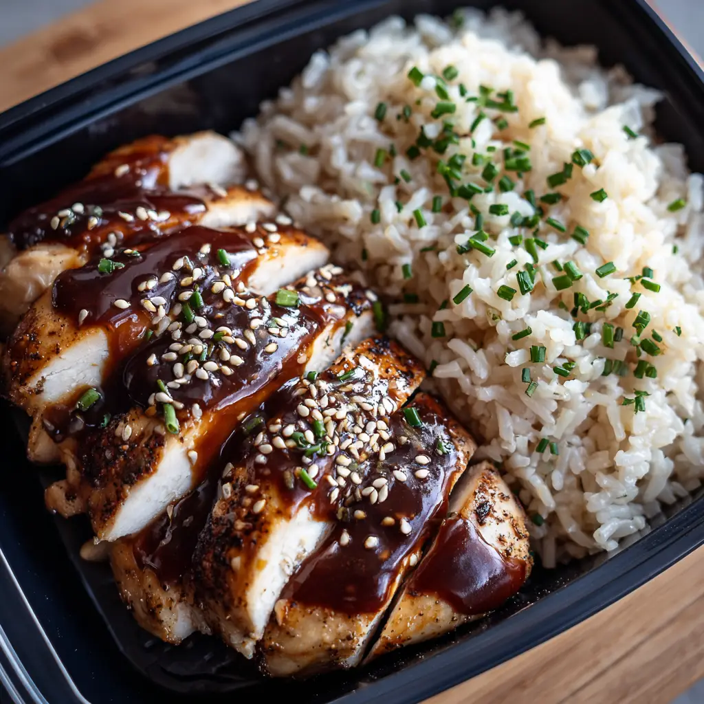 Chicken Teriyaki Meal Prep (Easy & Healthy) 2 The process of assembling chicken teriyaki meal prep bowls, with components laid out and ready to be portioned.