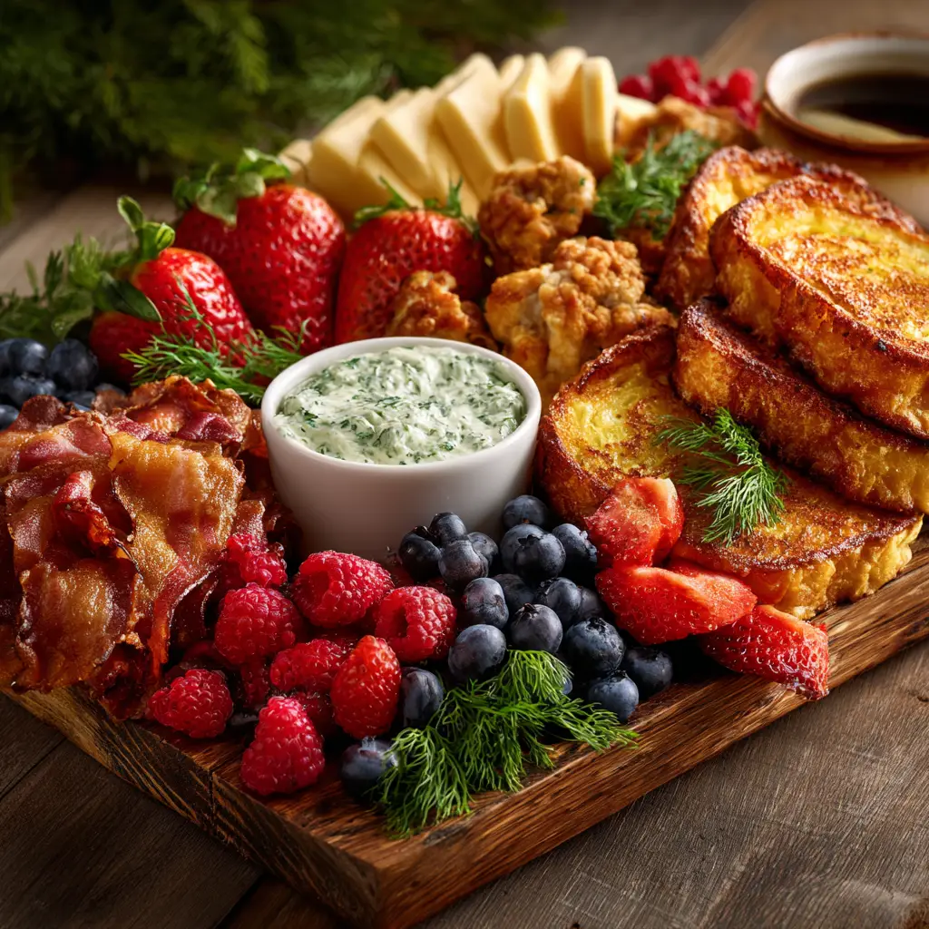 Assembling a festive breakfast platter with fresh fruits, pastries, and savory meats for a Christmas morning feast.