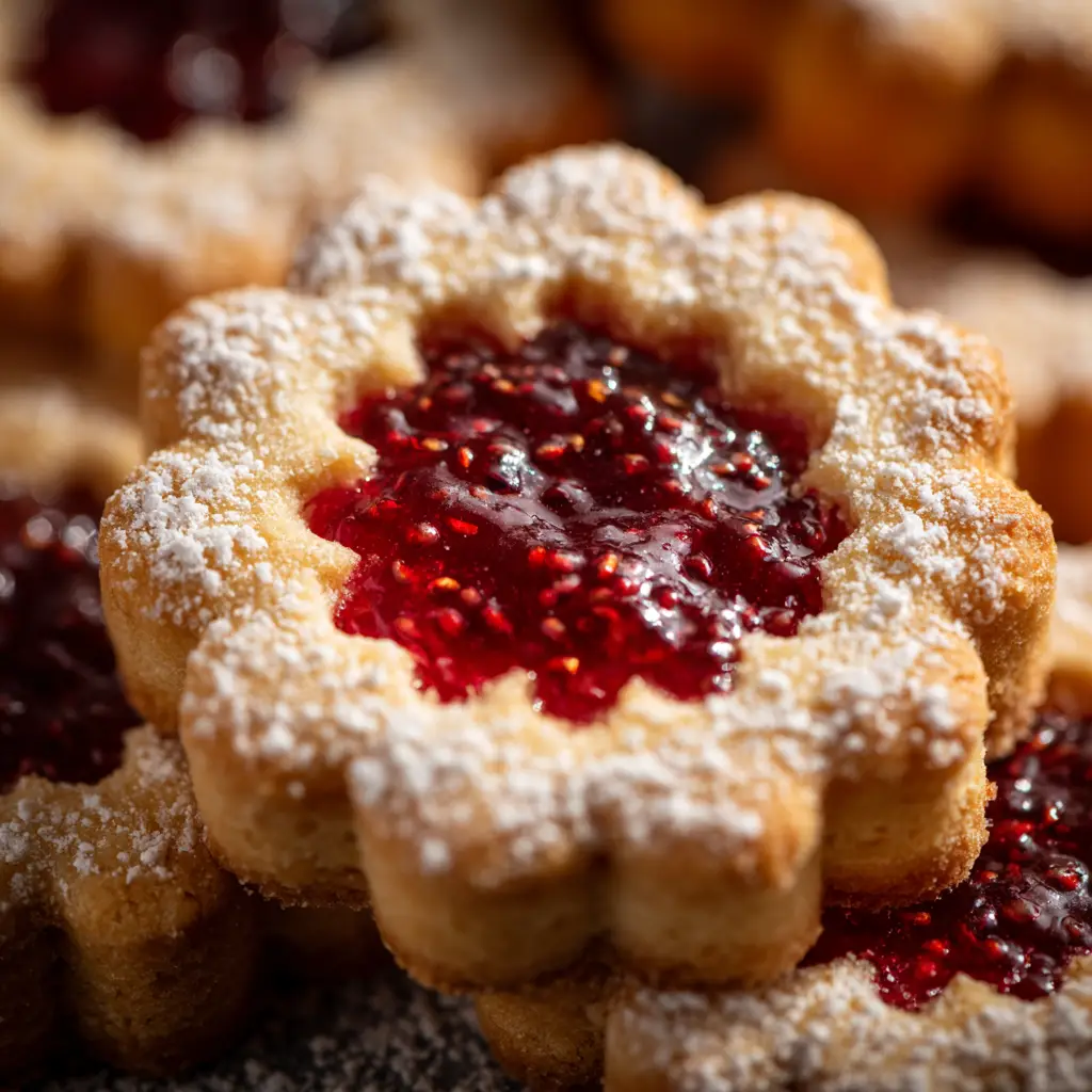 Linzer Cookies Recipe (The Best Buttery & Tender Guide) 2 The process of assembling Linzer cookies, showing the bottom cookie being spread with jam before being topped.