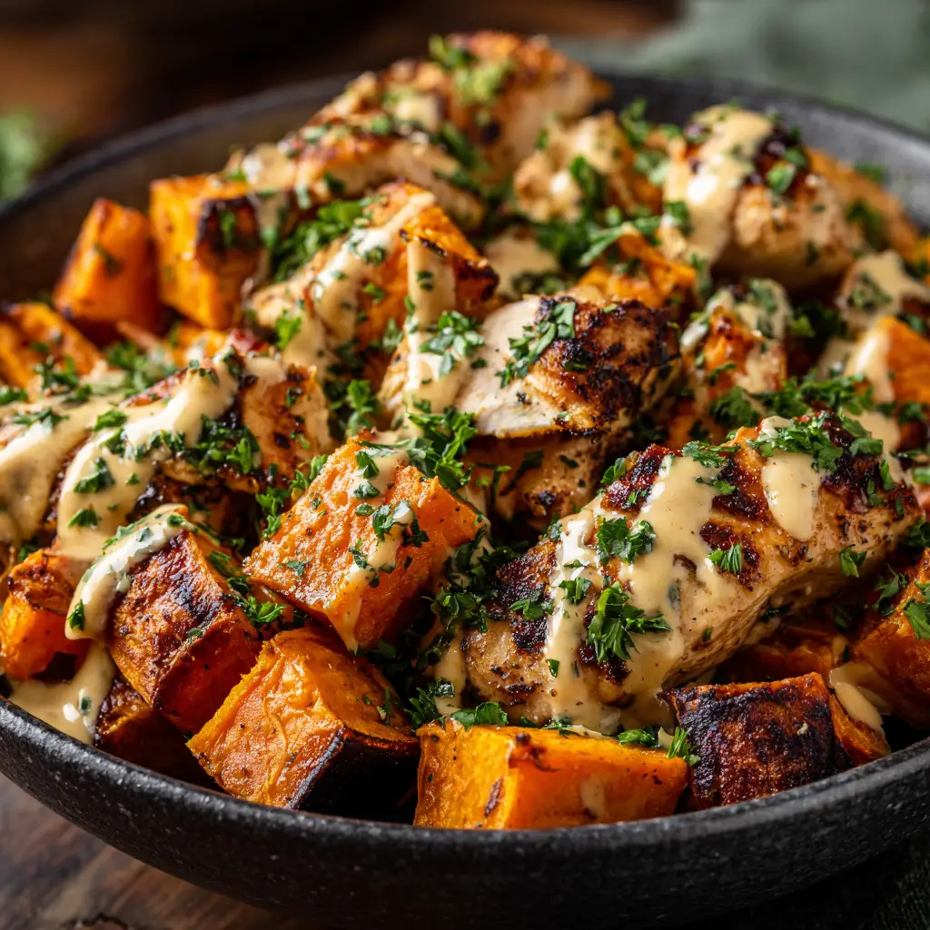 Maple Dijon Chicken Bowls: Your New Favorite Weeknight Meal 2 The components of the maple dijon chicken bowls being assembled, with a hand drizzling extra sauce over the top.