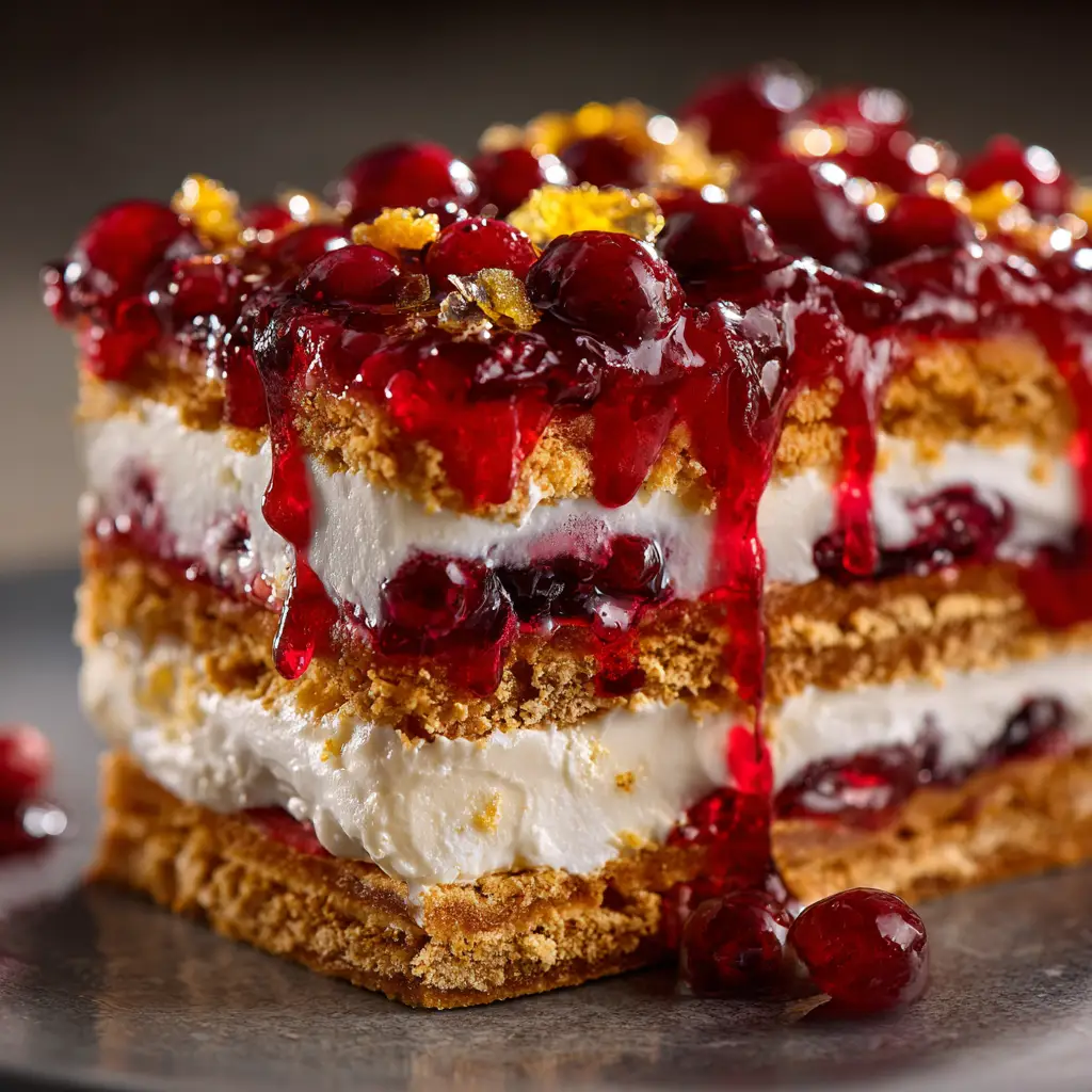 Assembling the no-bake cranberry dessert in a glass dish, showing the graham cracker and cream layers before chilling.