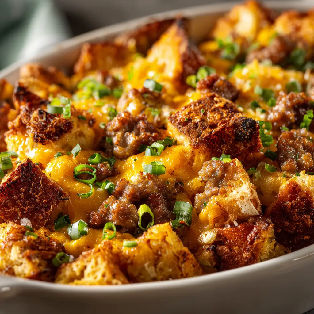 Christmas Breakfast Casserole (The Ultimate Make-Ahead Recipe) 2 The Christmas breakfast casserole being assembled in a 9x13 baking dish before its overnight soak.