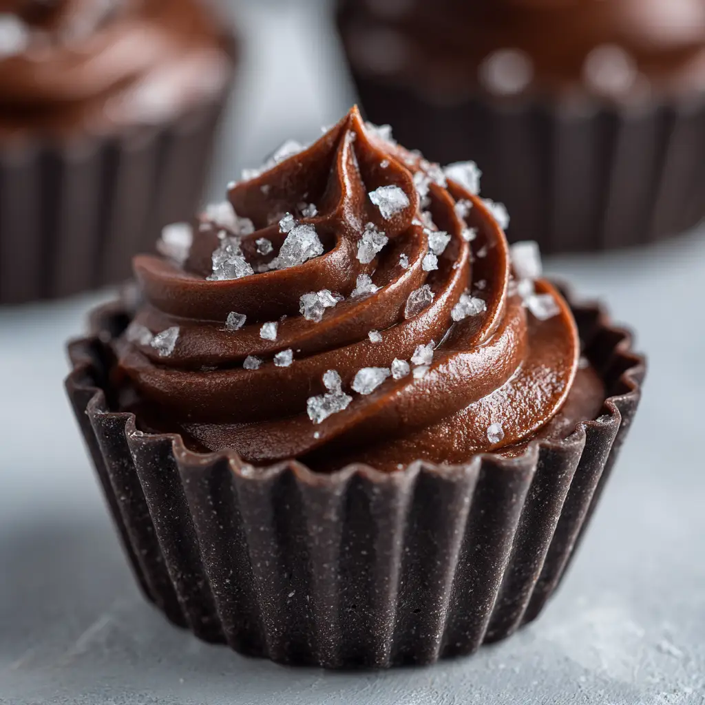 A mini peppermint dessert cup being assembled, with the rich chocolate mousse being piped over the cookie crumb crust.