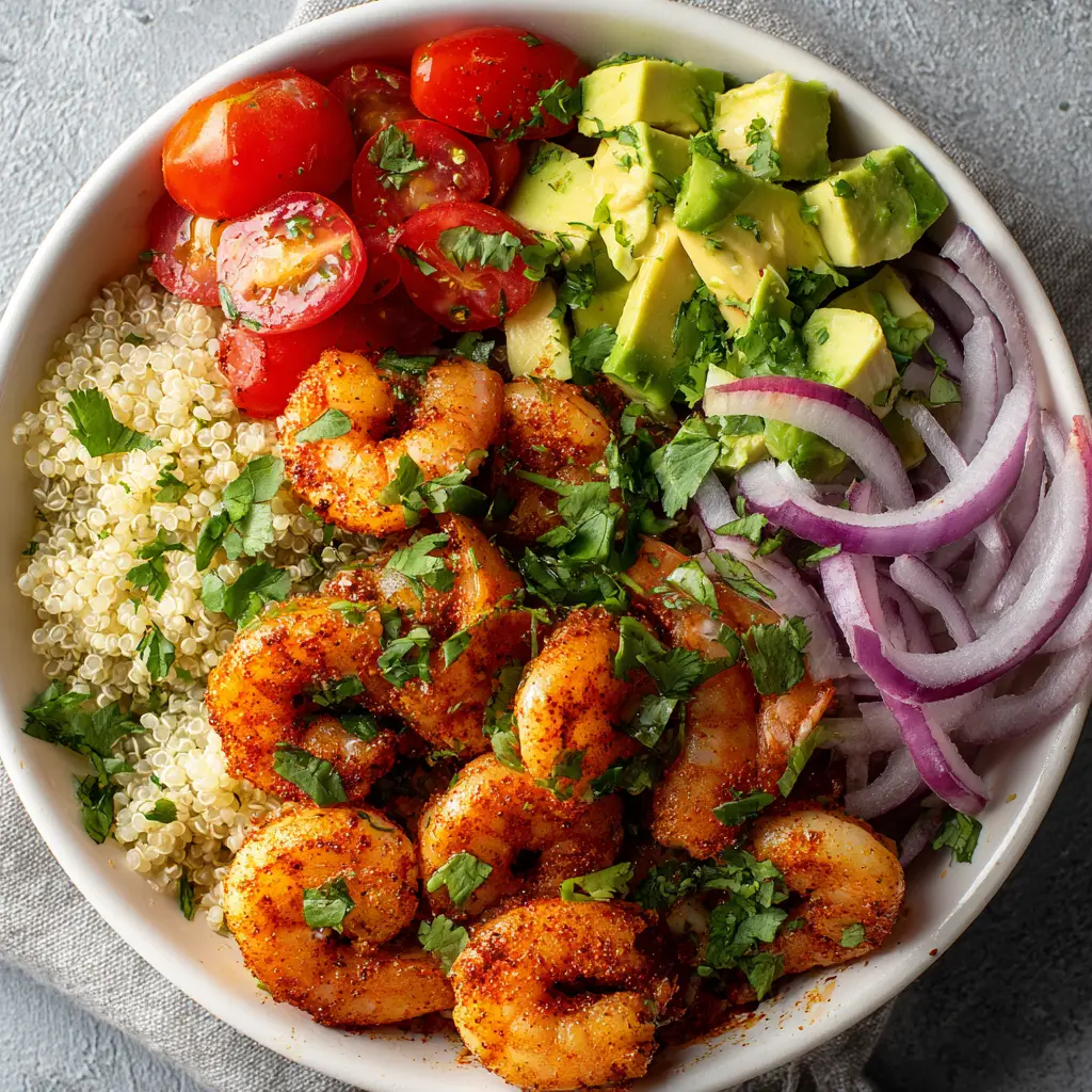 A step-by-step image showing the Shrimp and Avocado Power Bowl being assembled in a large bowl, with dressing being drizzled on top.