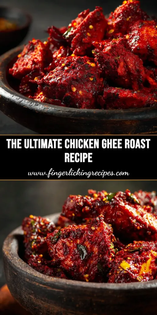 Chicken Ghee Roast: The Authentic Mangalorean Recipe 4 An overhead shot of authentic Chicken Ghee Roast in a traditional serving dish, garnished with fresh curry leaves. The rich, red masala coats the tender chicken pieces, ready to be served.