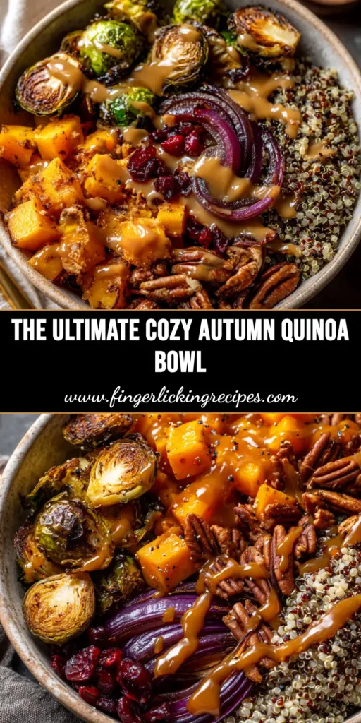 Autumn Quinoa Bowl with Maple-Tahini Dressing 5 A beautiful Autumn Quinoa Bowl filled with roasted butternut squash, Brussels sprouts, and apples, drizzled with a creamy dressing. This healthy harvest bowl is perfect for fall.