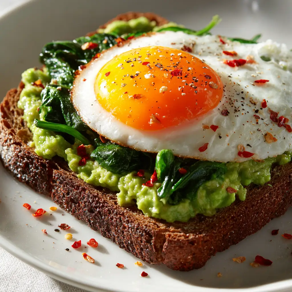 Two finished slices of simple avocado toast, one topped with a fried egg and the other with red pepper flakes, showcasing recipe variations.