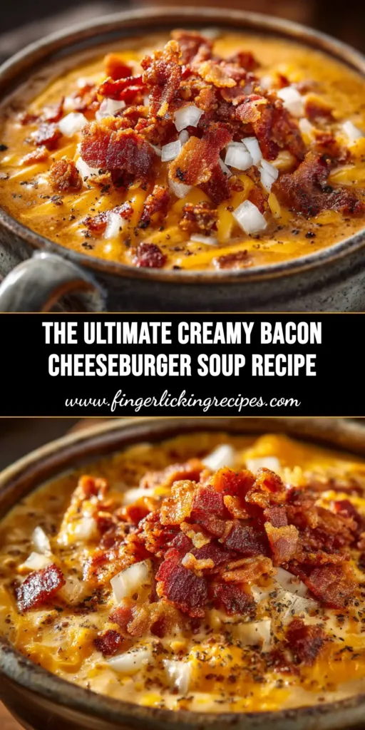 Bacon Cheeseburger Soup (The Ultimate Creamy Recipe) 4 A delicious bowl of creamy Bacon Cheeseburger Soup topped with extra bacon, cheese, and pickles. The perfect comfort food recipe.