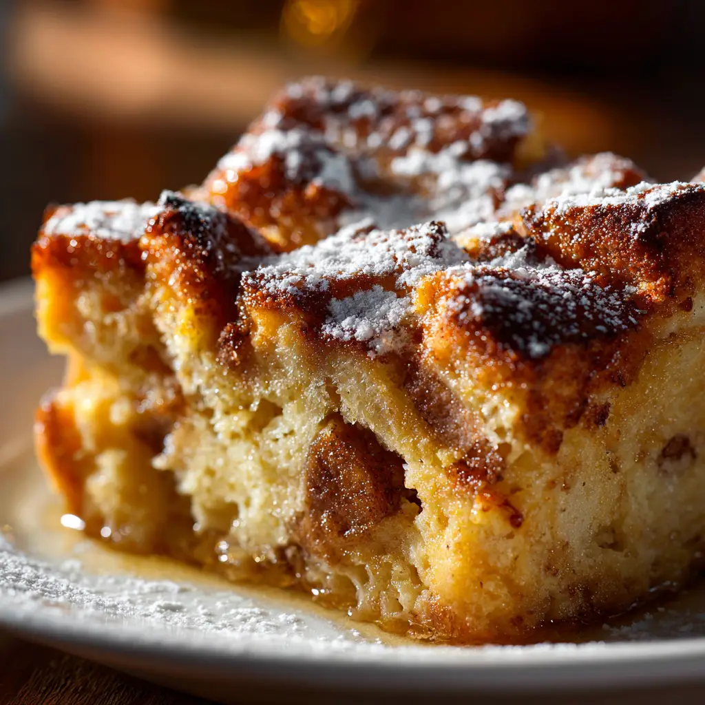 A freshly baked easy bread pudding in an 8x8 baking dish, with a golden brown top and puffed-up appearance.