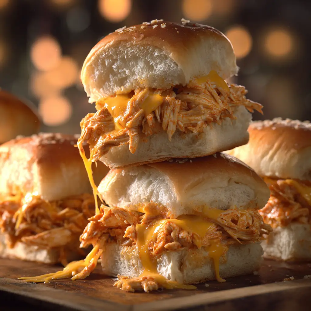 Buffalo Chicken Sliders: The Ultimate Easy Party Appetizer 3 A pan of baked Buffalo Chicken Sliders fresh from the oven, showing the golden brown tops of the sweet rolls and melted cheese.