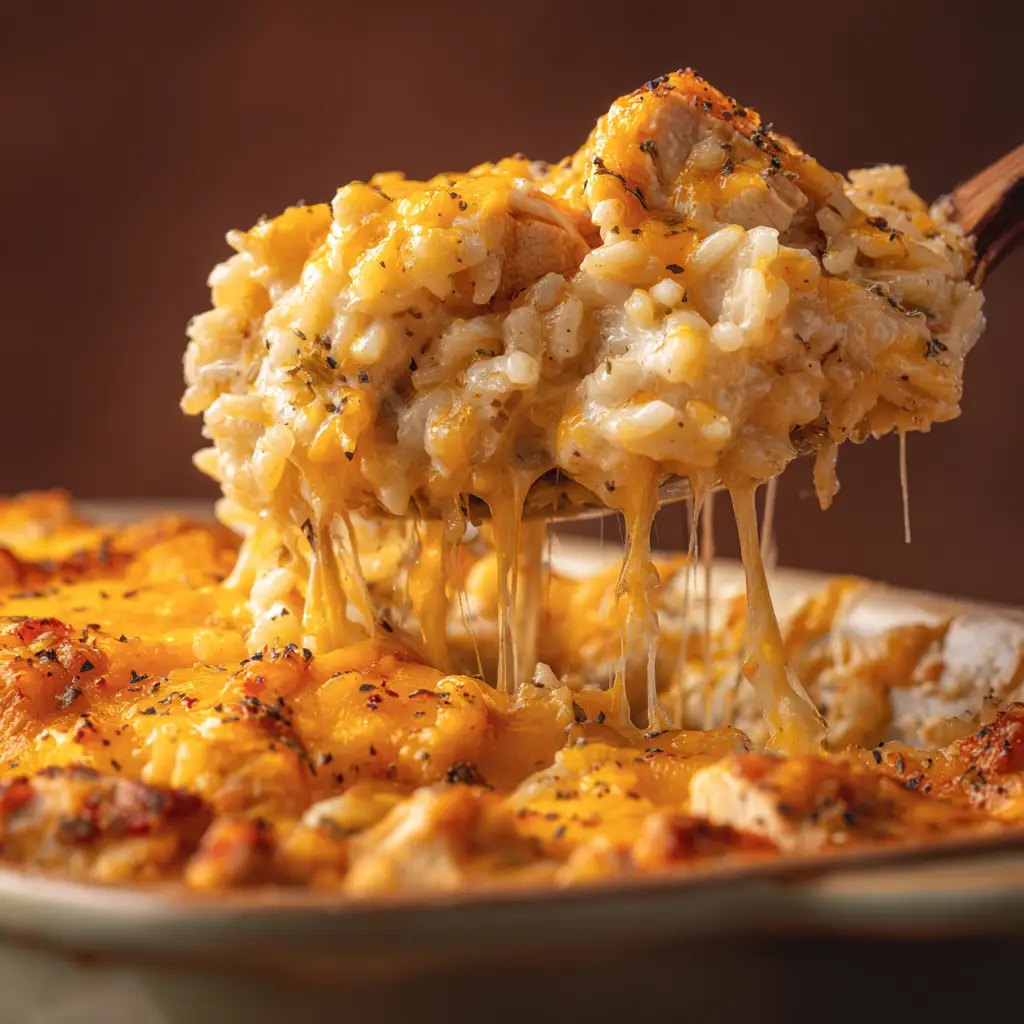 Cheesy Chicken and Rice Casserole: The Ultimate Comfort Meal 2 A serving of baked chicken and rice casserole on a plate, garnished with fresh parsley.