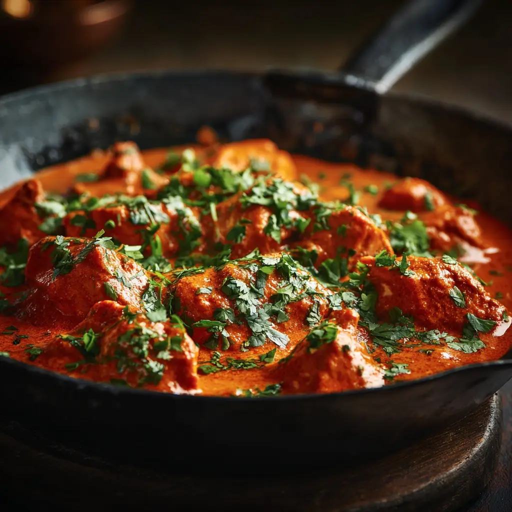 A serving of the baked chicken tikka masala casserole on a plate, garnished with fresh cilantro, ready to eat.