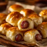 A close-up shot of several Conecuh sausage pigs in a blanket on a baking sheet, showing the flaky, golden-brown pastry and savory smoked sausage.