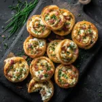 Jalapeño Popper Pinwheels: The Ultimate 5-Ingredient Appetizer An overhead shot of golden-brown baked jalapeño popper pinwheels arranged neatly on a serving dish.