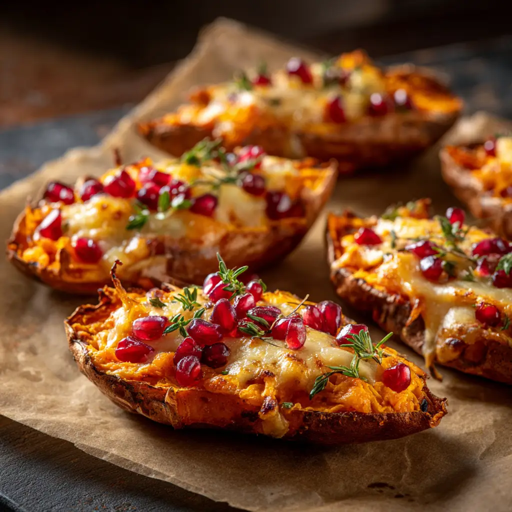 Crispy loaded sweet potato skins fresh out of the oven, topped with melted cheddar cheese and crumbled bacon. A perfect healthy game day snack.