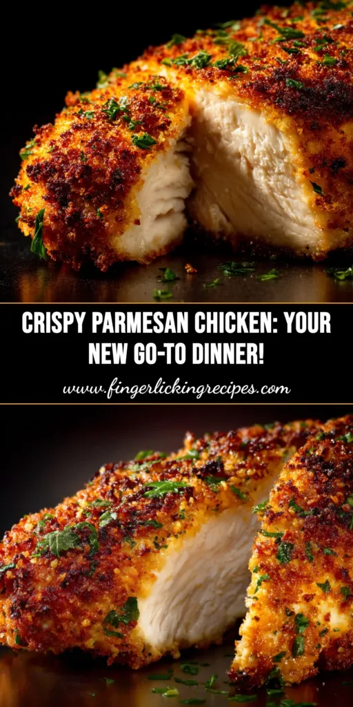 A delicious slice of Baked Parmesan Crusted Chicken on a plate, showing a juicy interior and a crispy golden-brown crust. The perfect easy weeknight dinner recipe.