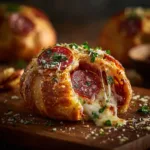 An extreme close-up of a golden-brown baked pepperoni pizza bomb, showing the flaky crust and a hint of pepperoni inside.