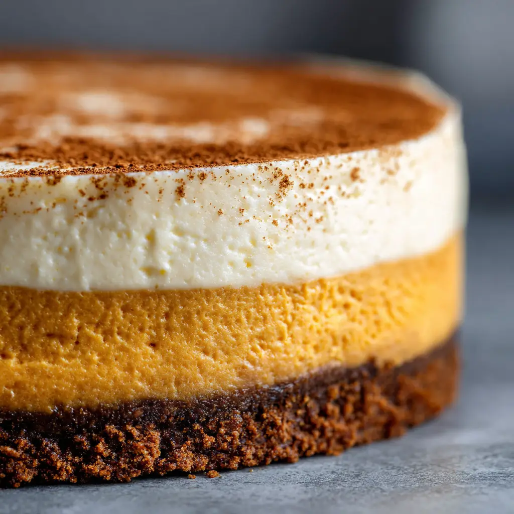 A close-up view of the baked pumpkin cheesecake, showing its perfectly smooth, crack-free top after cooling. The edges are golden brown.