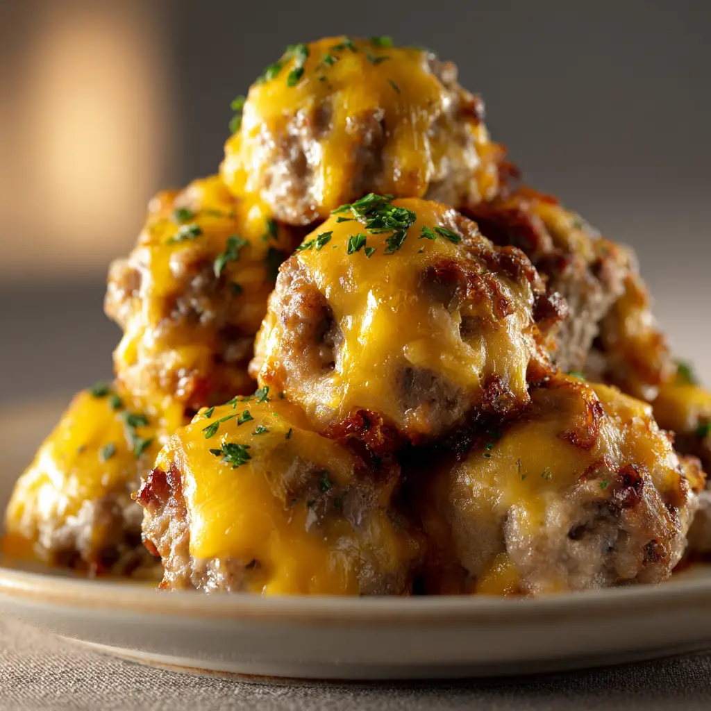 Sausage Cheese Balls Recipe (The BEST + Easiest!) 3 A close-up shot of baked sausage cheese balls on a serving platter, ready to be served as a savory appetizer.