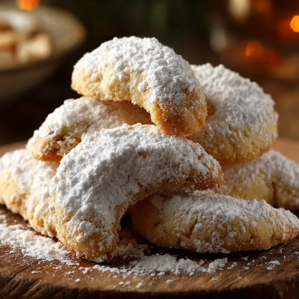A batch of freshly baked almond crescent cookies cooling on a wire rack before being dusted with sugar.