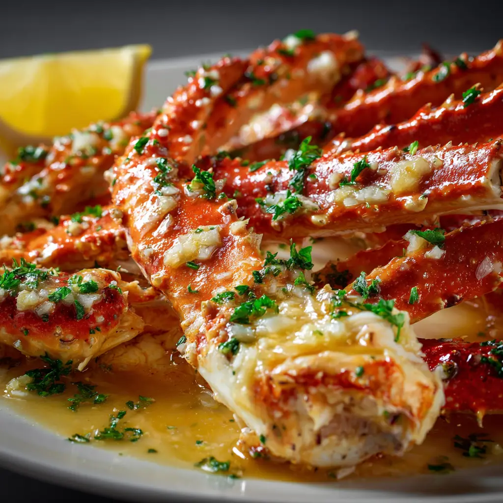 A step-by-step image showing garlic butter sauce being brushed onto snow crab legs on a baking sheet before cooking.