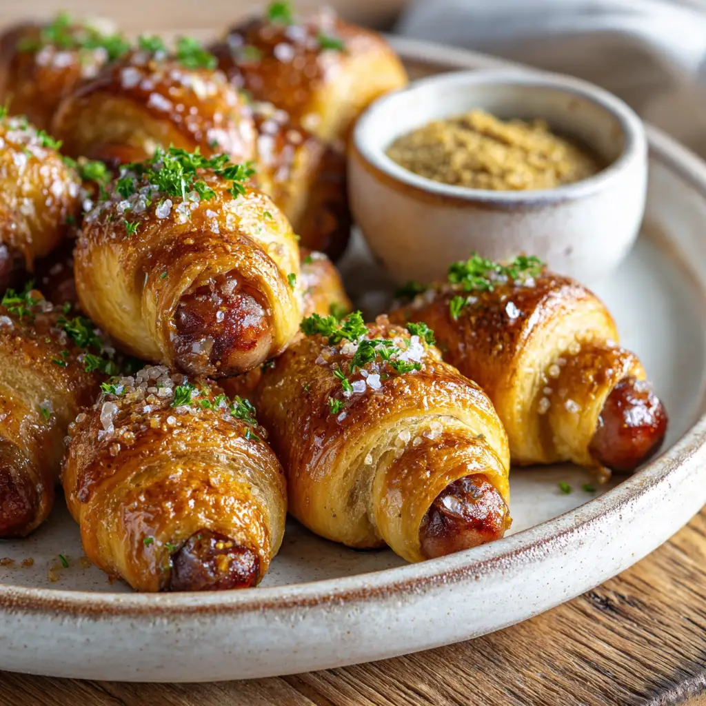 A baking sheet full of honey butter pigs in a blanket fresh out of the oven, ready for a party.
