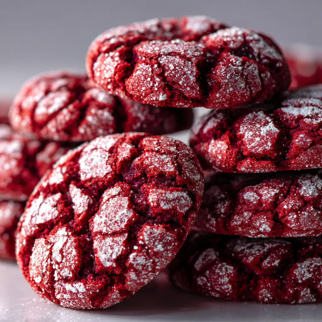 Red Velvet Crinkle Cookies (The Ultimate Chewy Recipe) 2 Red Velvet Crinkle Cookies dough balls coated in powdered sugar and arranged on a parchment-lined baking sheet, ready for the oven.