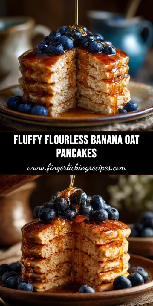 A tall, fluffy stack of healthy Banana Oat Pancakes, topped with fresh banana slices, blueberries, and a drizzle of maple syrup, on a white plate.