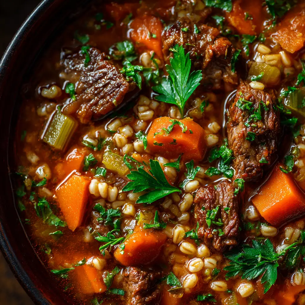 Hearty Beef Barley Soup (The Ultimate Comfort Recipe) 3 The ingredients for Beef Barley Soup laid out, including cubed chuck roast, chopped carrots, celery, onions, and a cup of pearl barley.