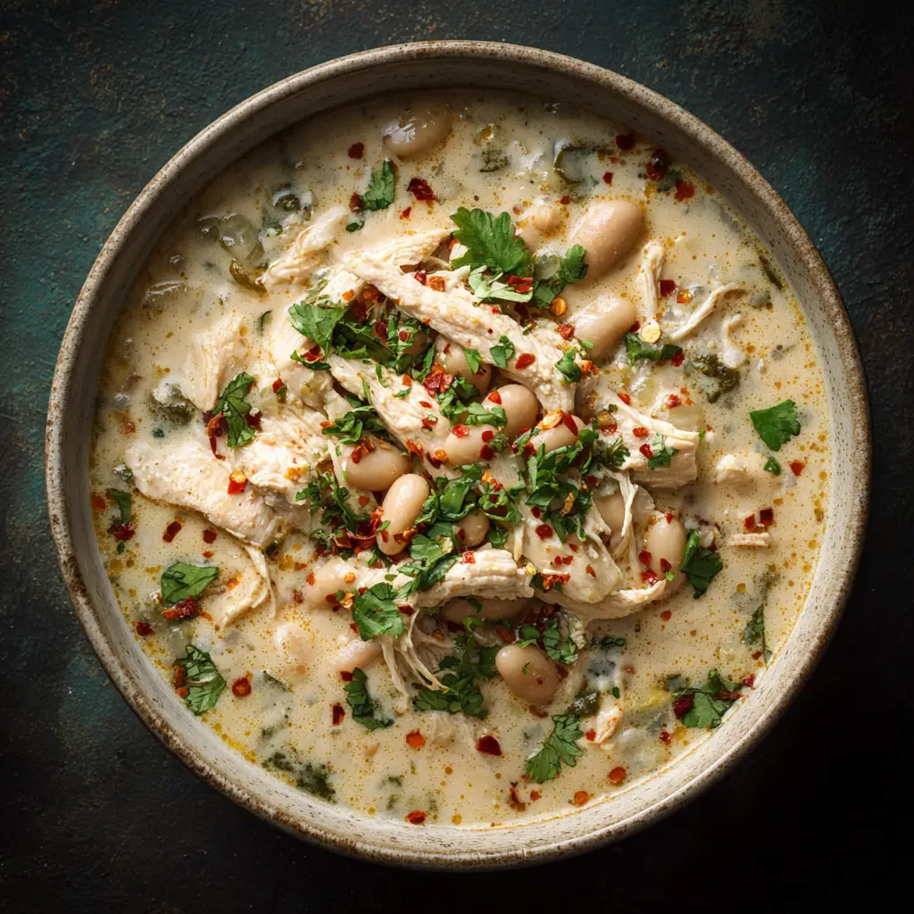 Creamy White Chicken Chili (The Only Recipe You'll Ever Need) 2 A second angle of a finished bowl of the best white chicken chili with cream cheese, garnished and ready to eat.
