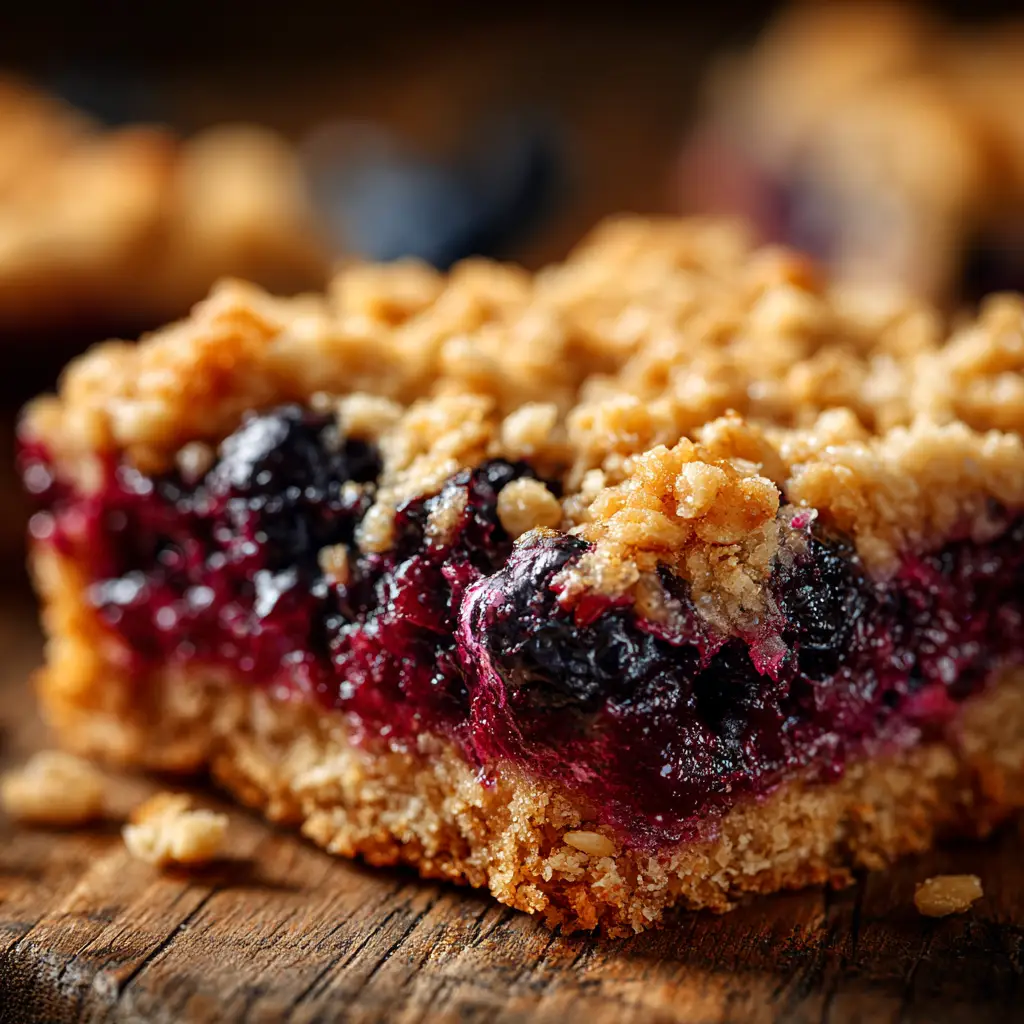 Blueberry Oat Snack Bars (The Only Recipe You'll Need) 3 A close-up macro shot of a freshly baked blueberry oat snack bar, highlighting the texture of the golden-brown crumble topping.