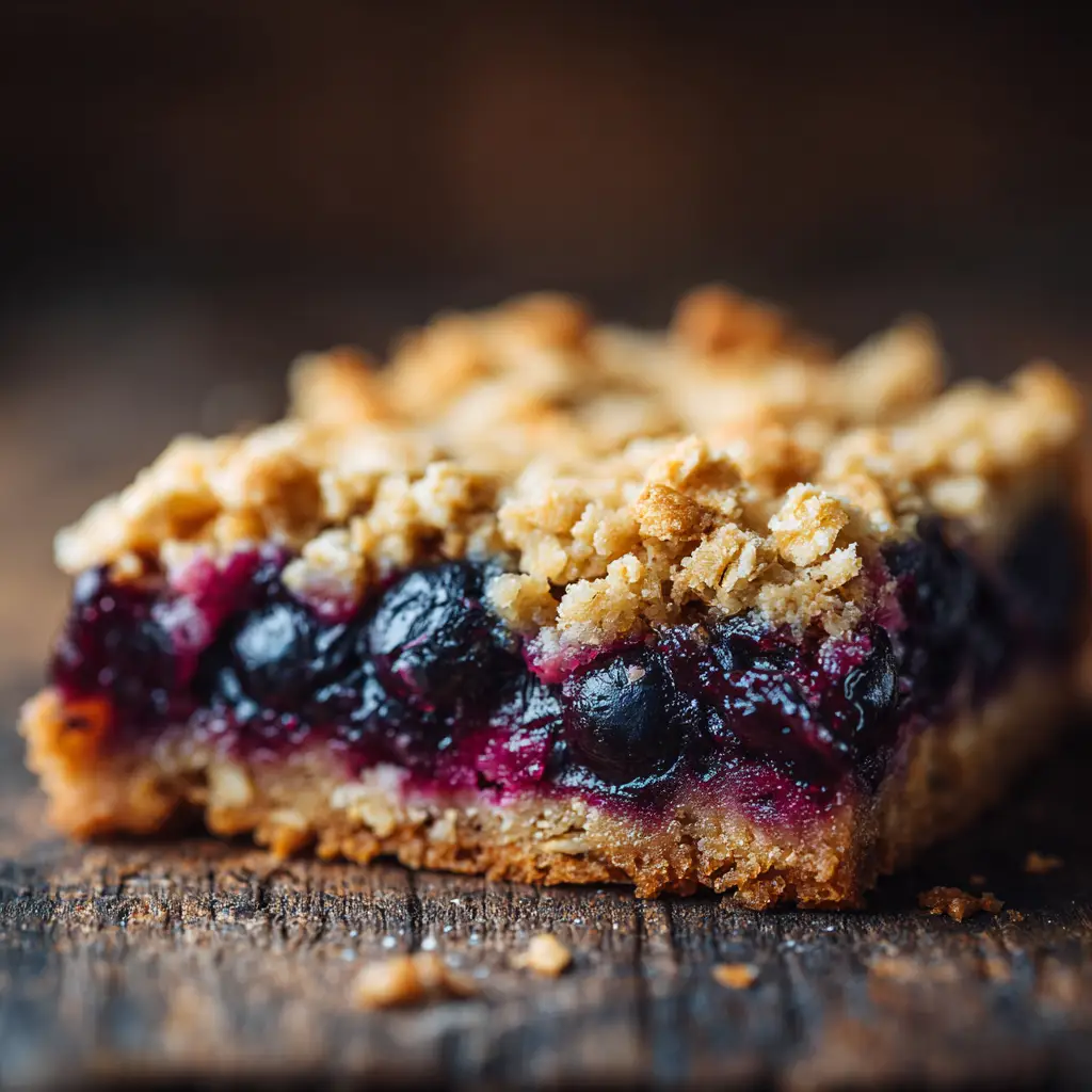 Blueberry Oat Snack Bars (The Only Recipe You'll Need) 2 A detailed side-view of a blueberry oatmeal bar, showing the distinct layers of the chewy crust, the jammy blueberry center, and the crumble.