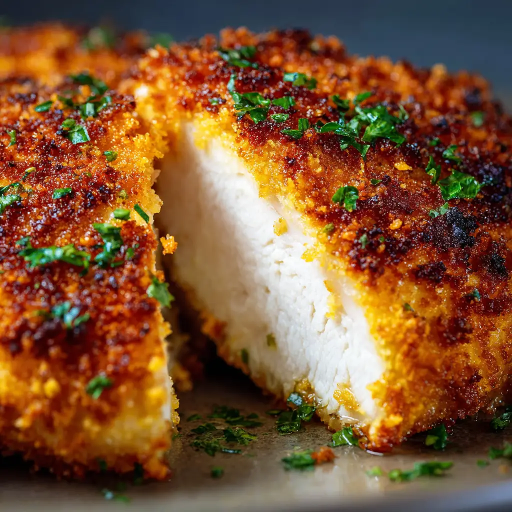 LongHorn Parmesan Crusted Chicken: The Ultimate Copycat Recipe 2 The process of breading the chicken breasts in the panko and parmesan mixture, showing an even and generous coating.