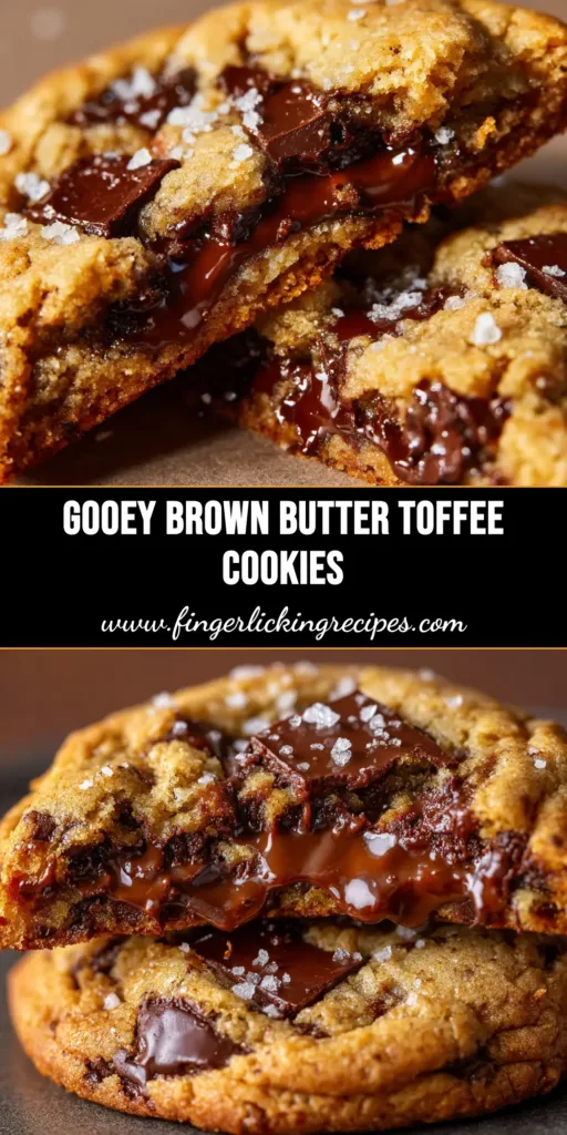 A stack of thick and chewy brown butter toffee chocolate chip cookies on a cooling rack, with one broken in half to show the gooey chocolate and toffee interior.