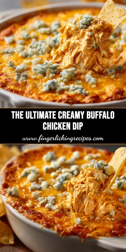 A shareable pin image showing a bowl of creamy, cheesy Buffalo Chicken Dip surrounded by tortilla chips and celery sticks, with a title overlay.